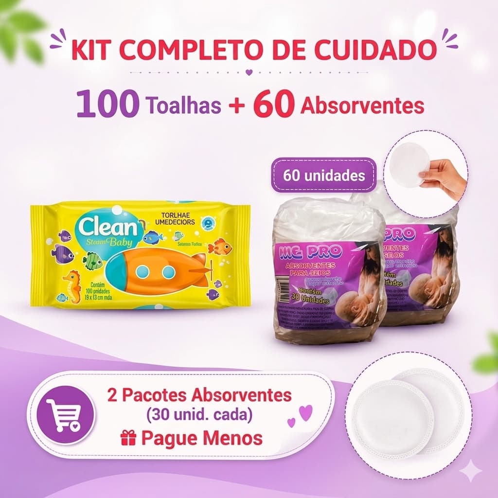 Kit Higiene Bebê e Mamãe: 100 Toalhas Umedecidas Clean Baby + Kit 60 Absorventes para Seio Amamentação  Promoção