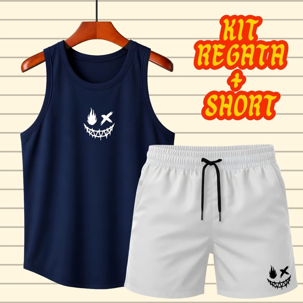 Conjunto Regata Cavada Masculina Sorridente Sombrio Algodão Varias Cores + Short Tactel Branco
