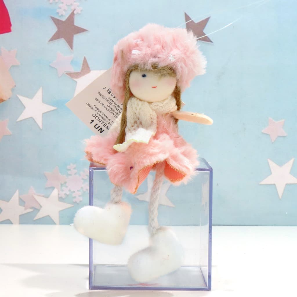 Enfeite Sortido Menina com Cachecol Rosa, Branco e Bege 14cm - 1 Unidade