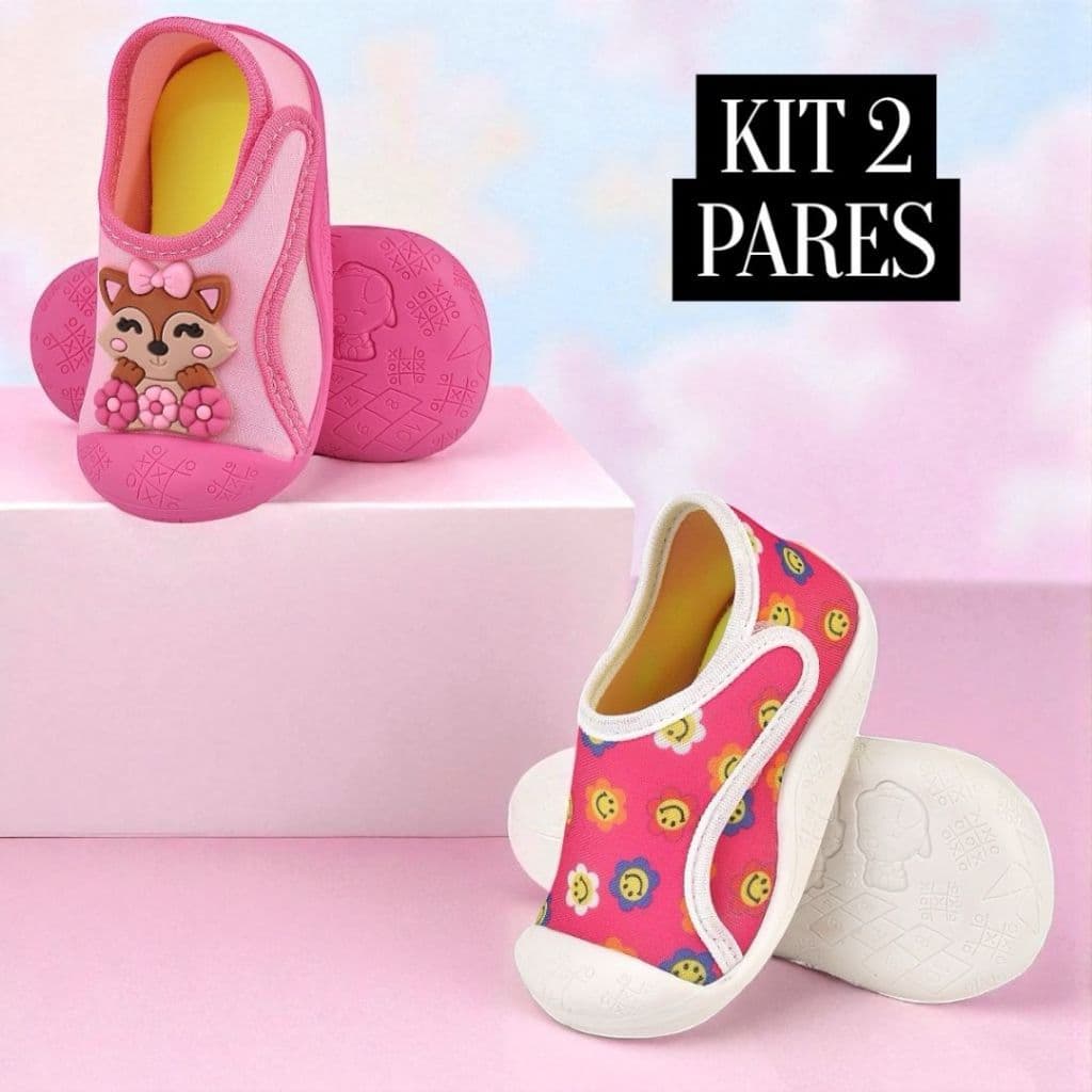 Kit 2 pares Calçado Infantil Tipo Meia Antiderrapante Bebê Menina Confortável Flexível