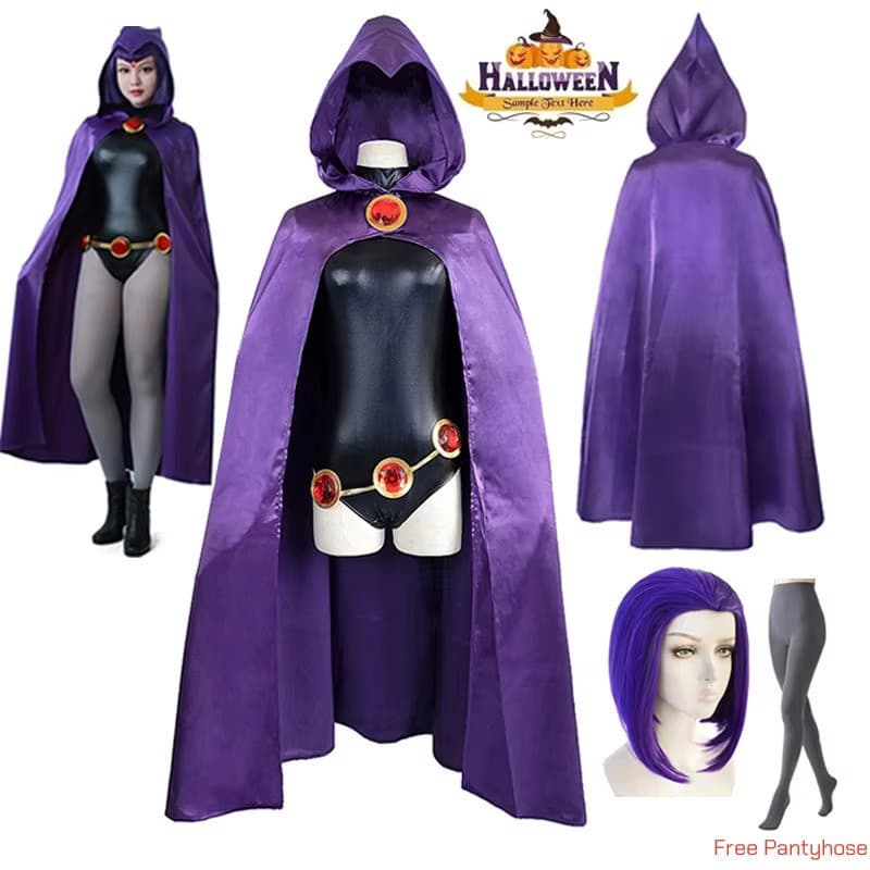 Fantasia de Cosplay Feminina Adolescentetitans-Raven Macacão com Capa Roxa e Cinto Uniforme de Halloween para Meninas 38
