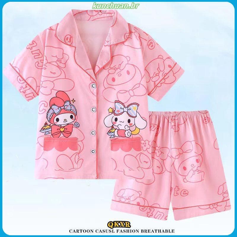 Pijama Infantil Sanrio Kawaii Cartoon Pom Purin Kuromi Fino Conjunto De Calções De Manga Curta Cardigan