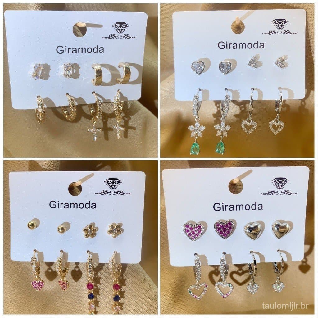 Kit 4  brincos Cravejada Pedra de Zirconia com Pingente Coloridos/Cruz/Coração/ Flor folheados a Ouro 18k e Prata 925