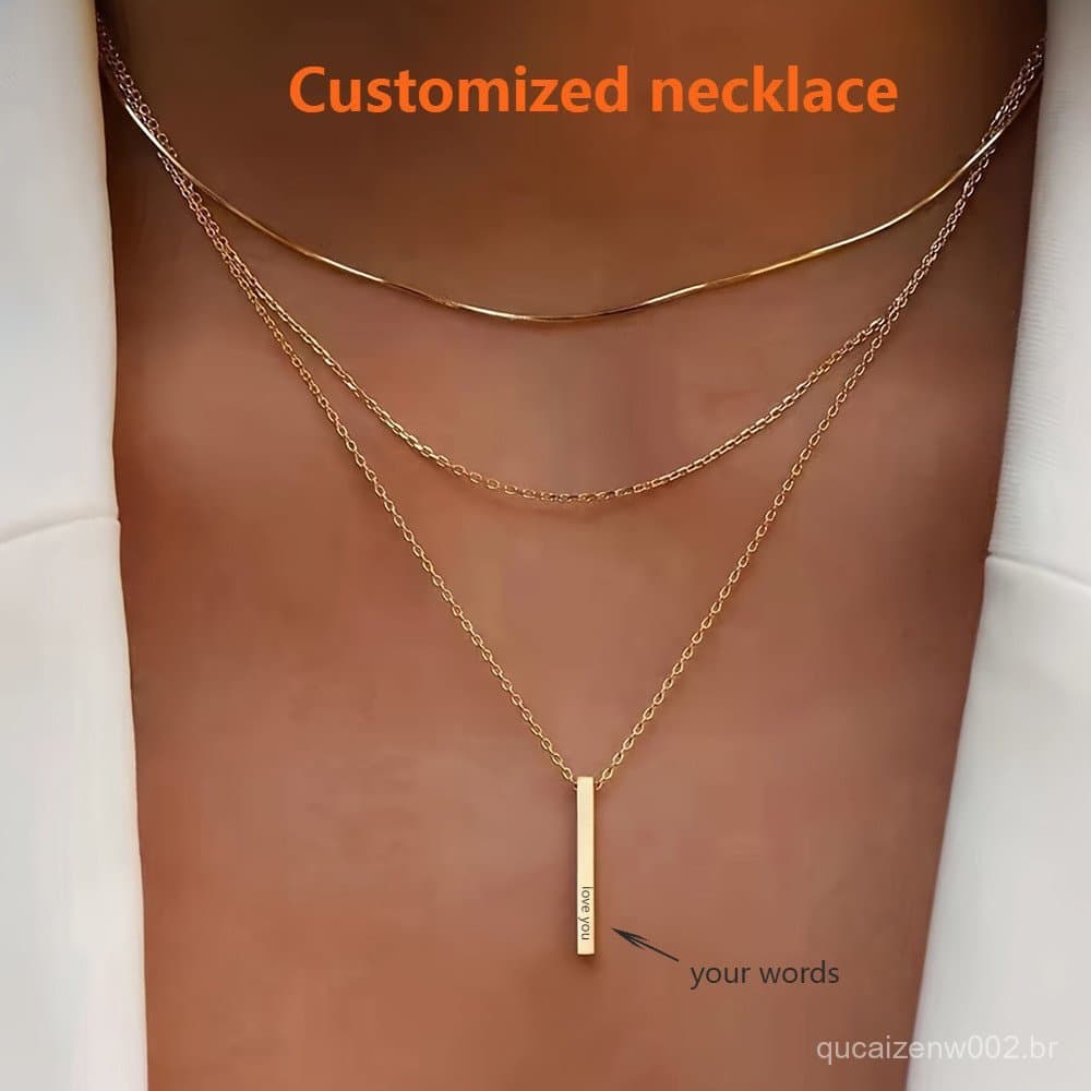 Colar com pingente retangular tridimensional em aço inoxidável, design personalizado com nome para mulheres, pode ser us