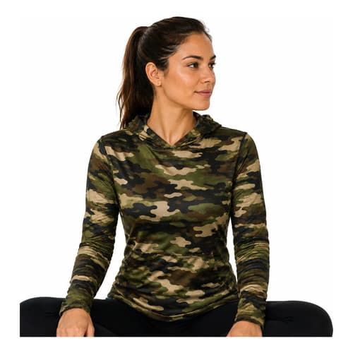 Blusa Feminina Camuflada Manga Longa Com Capuz Uv Fitness