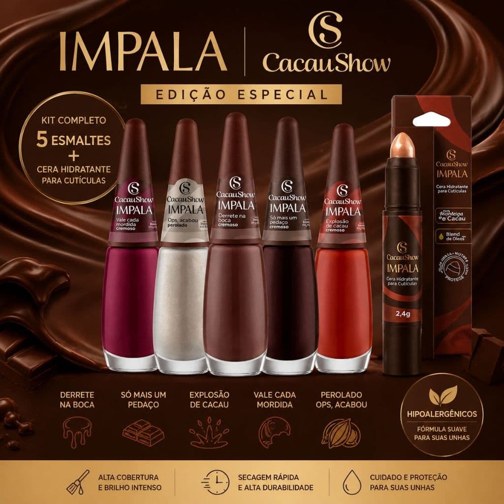 Kit Impala + Cacau Show Original | 5 Esmaltes + Cera Hidratante para Cutículas | Edição Especial