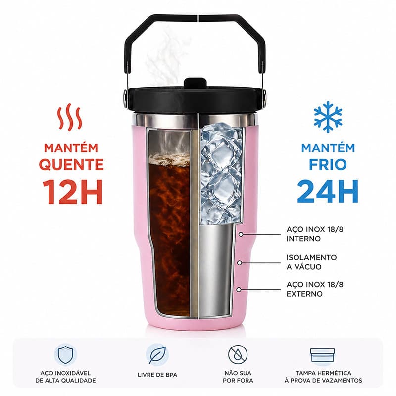 Garrafa térmica de aço inoxidável com palhinha. Estrutura dupla a vácuo, adequada para bebidas quentes e frias, 900 ml