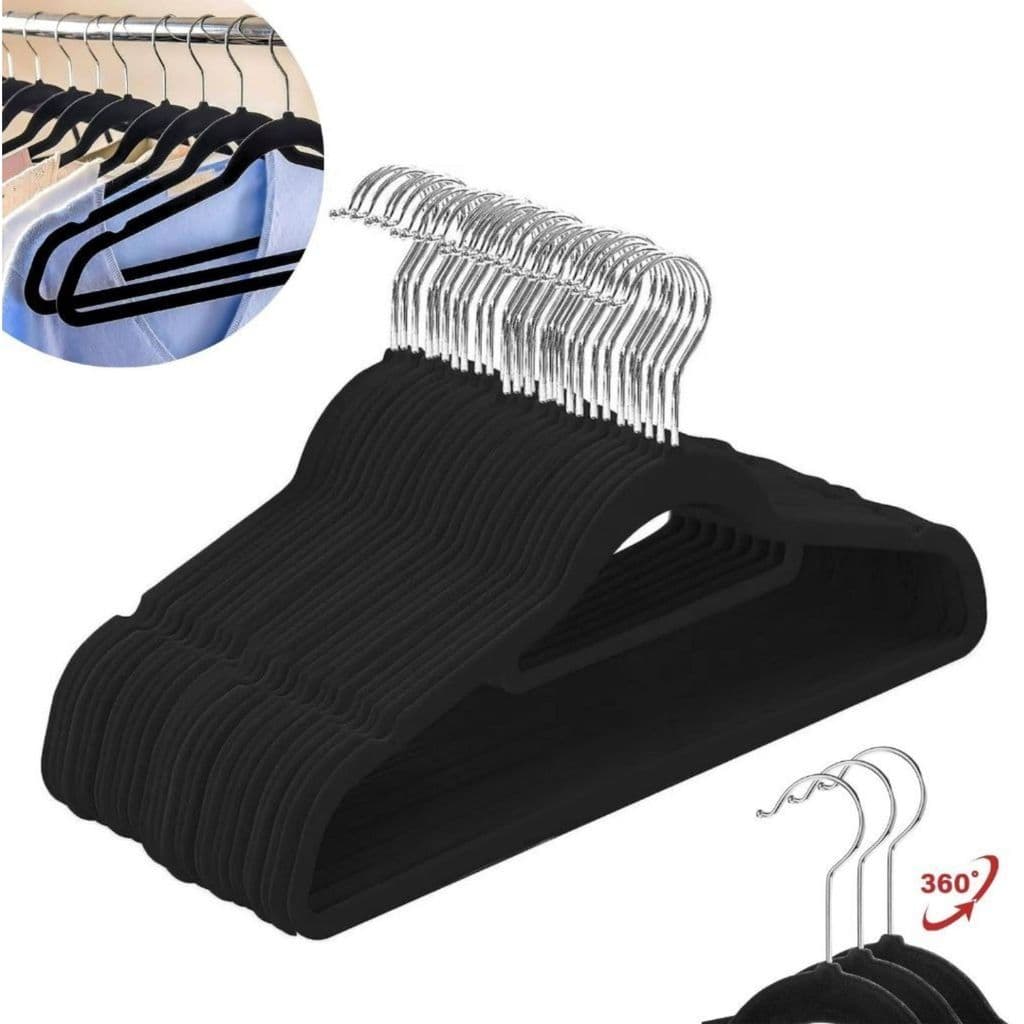 Kit 10/20/30/50 Cabides Veludo Adulto Para Roupas Ultrafino Resistente Antideslizante Rotação 360° Slim Preto
