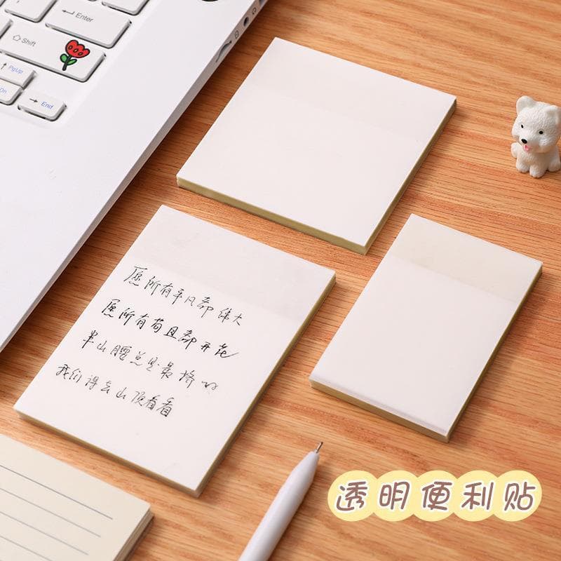 Notas Post-it transparentes simples, estudantes usam notas destacáveis, caderno pequeno, aprendizagem, notas de escritór