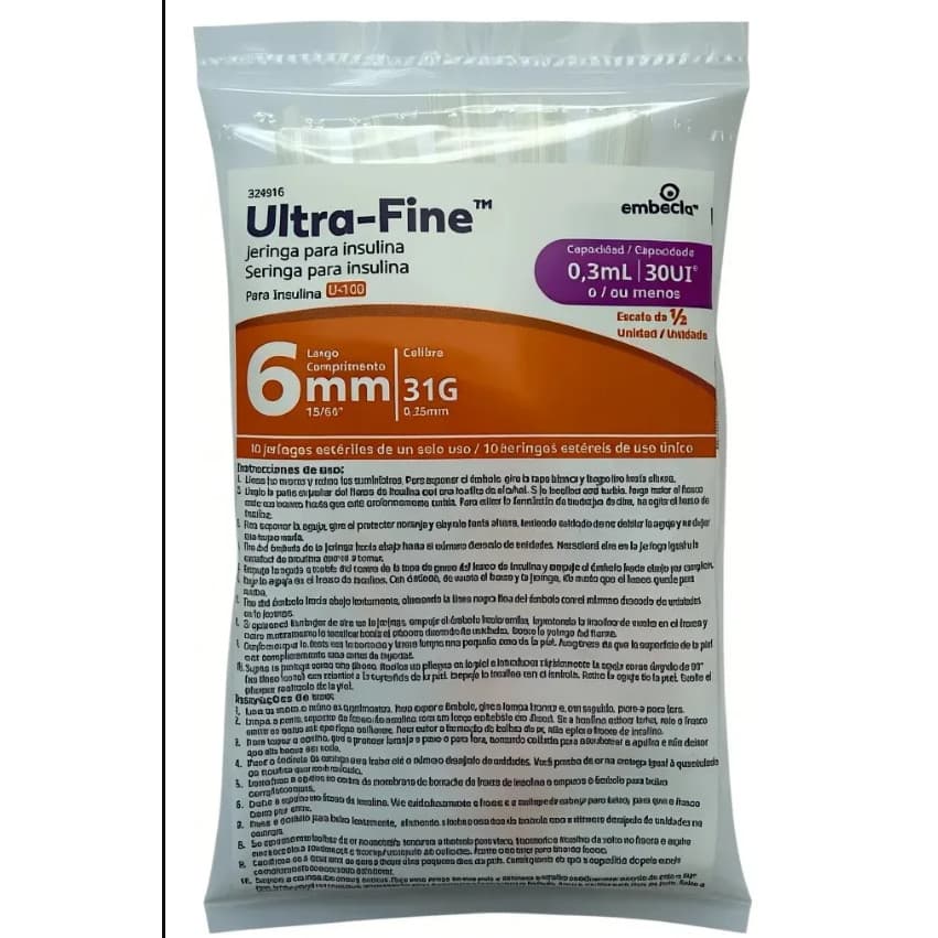 Seringa De Insulina  0,3cc 6mm U-Fine C/10 Unidades Embecta Ref 324916