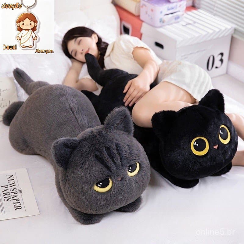 50-90cm Brinquedo de Pelúcia Gato Preto e Verde Fofo Decoração de Casa