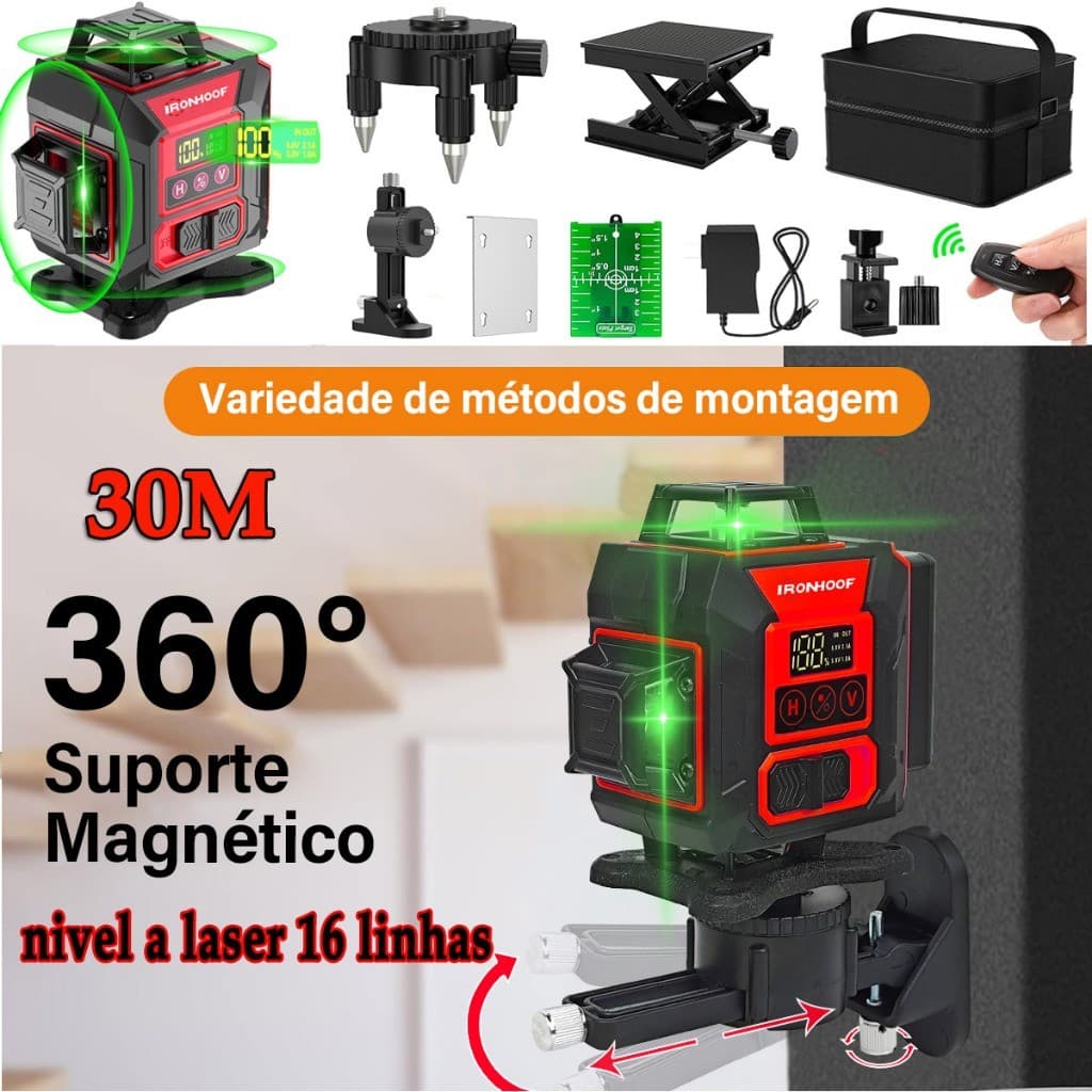 Nivel A Laser 16 Linhas Autonivelamento Verde 360° 30m 2 Bateria