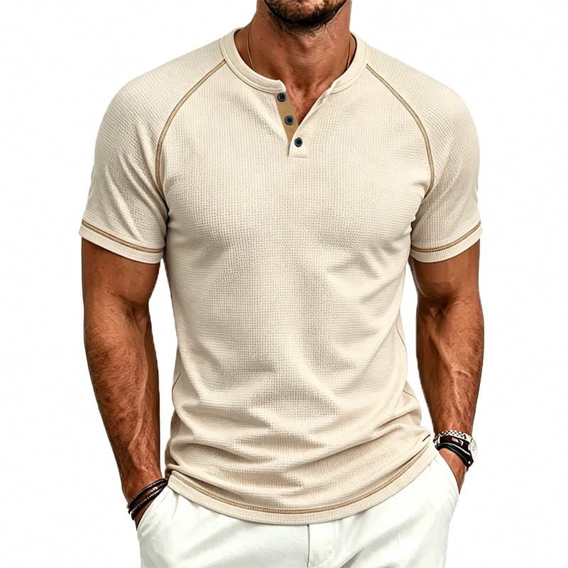 Verão masculino Waffle Henry colarinho de manga curta camiseta Cross-Border europeu americano contraste cor série linha