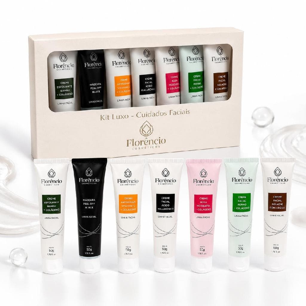 Kit 7 Cremes Faciais Florêncio Cosméticos 50g – Colágeno, Vitamina C, Ácido Hialurônico, Argila, Rosa Mosqueta e Máscara