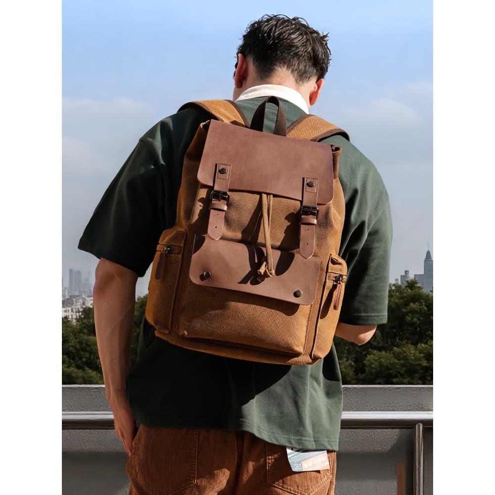 Retro lona mochila americano Crazy Horse couro masculino cordão saco de computador estudante saco de escola ao ar livre