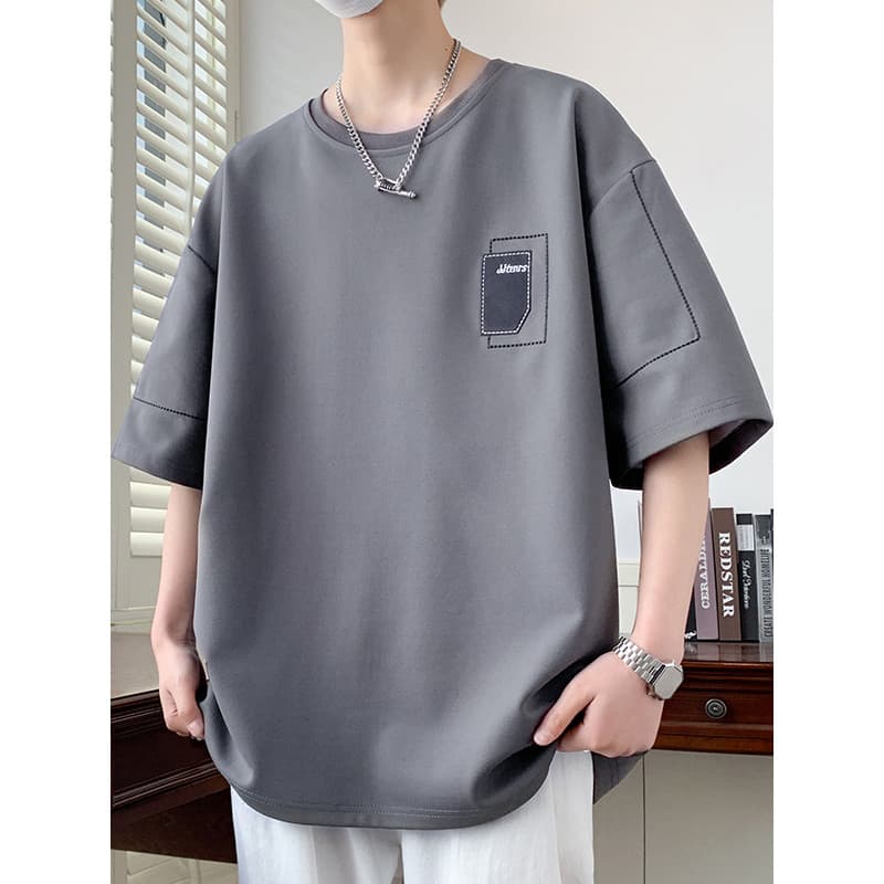 Camiseta masculina de manga curta de seda gelo verão Street Wear em torno do pescoço meia manga roupas superiores Casual