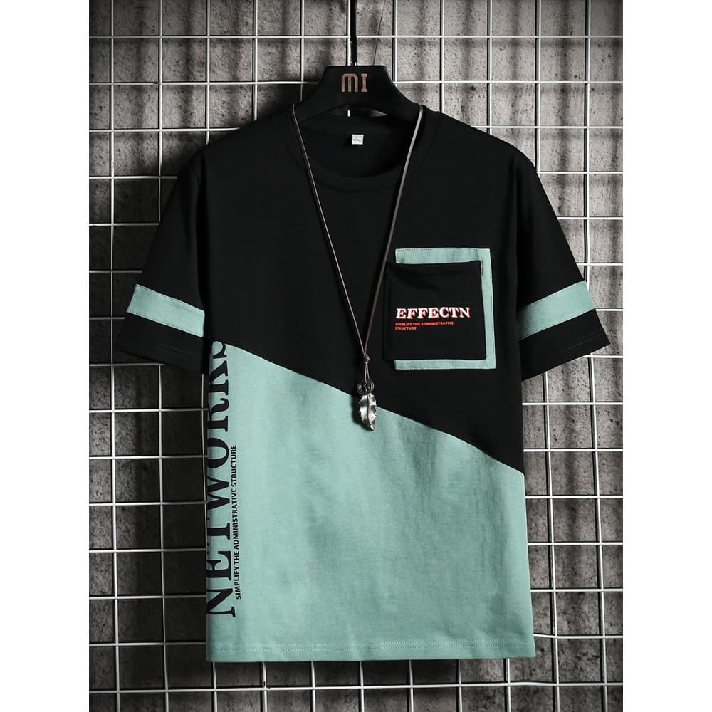 Camiseta masculina de manga curta costura solta com bolso roupas de meia manga verão na moda All-Match puro algodão cami