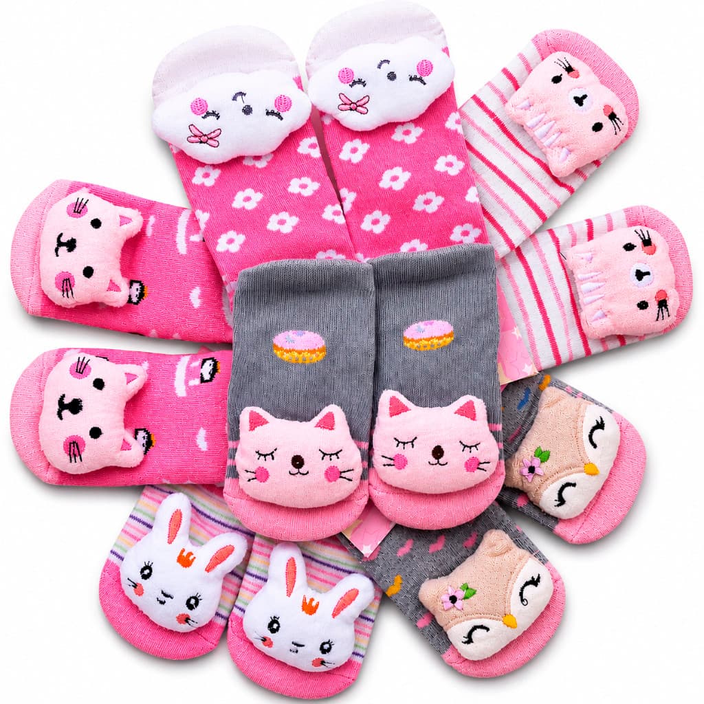 Kit 5 ou Kit 10 Pares Meia Infantil Bebê Pantufa 3D Bichinho Antiderrapante RN Menino Menina Unissex