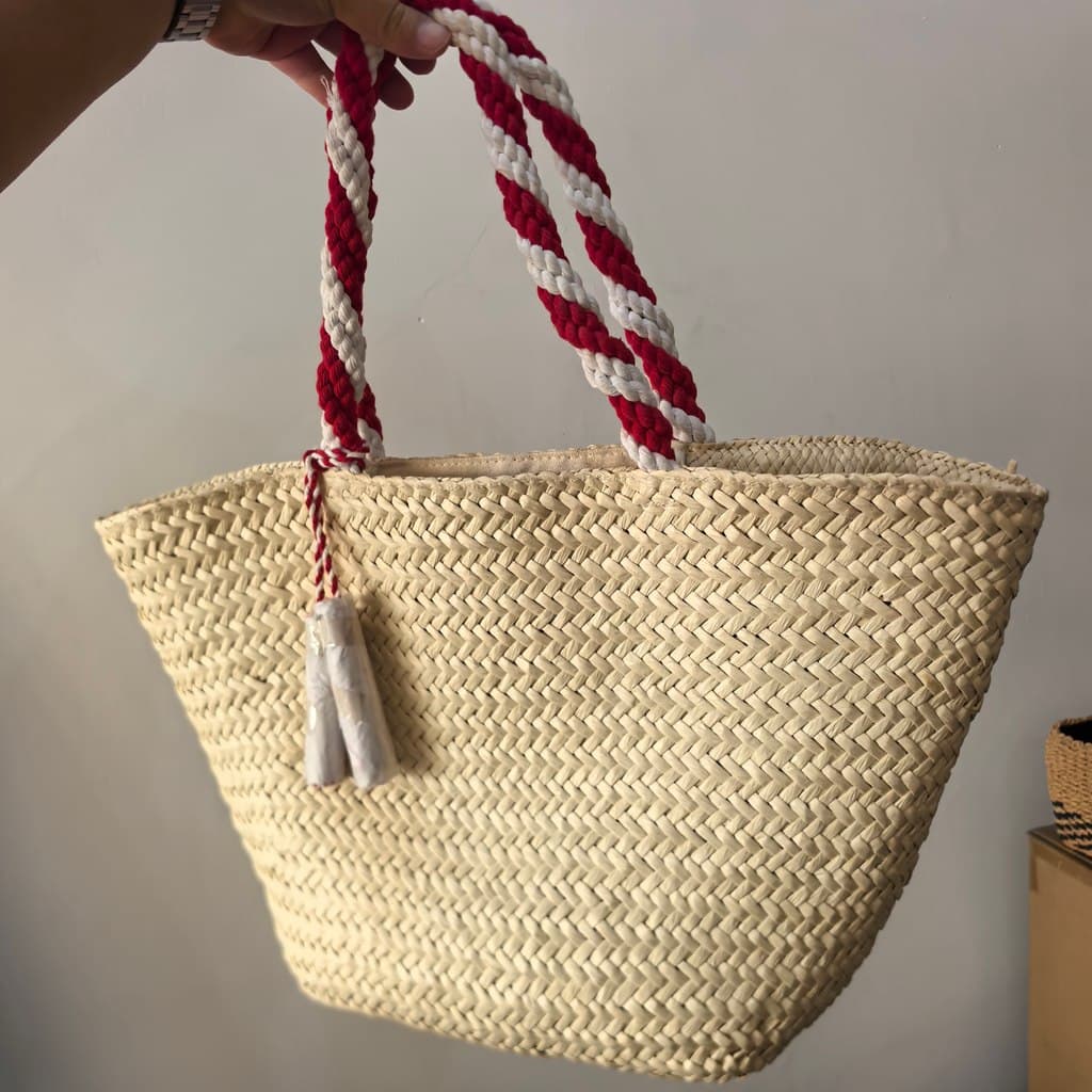 Vermelho branco borla palha tecido portátil feminino de um ombro médio grande saco requintado simples High-End Casual We