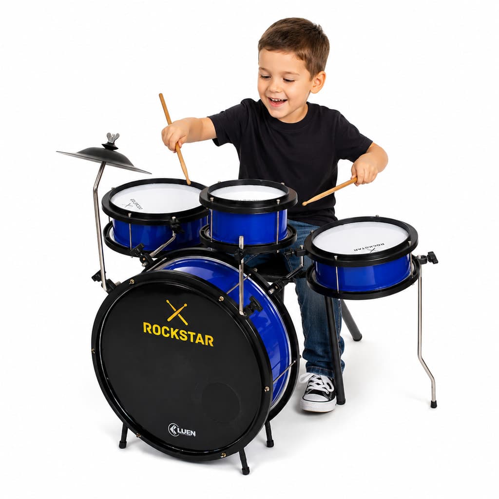 Bateria Infantil com chimbal Instrumento de verdade marca Luen - modelo RockStar Cor Azul