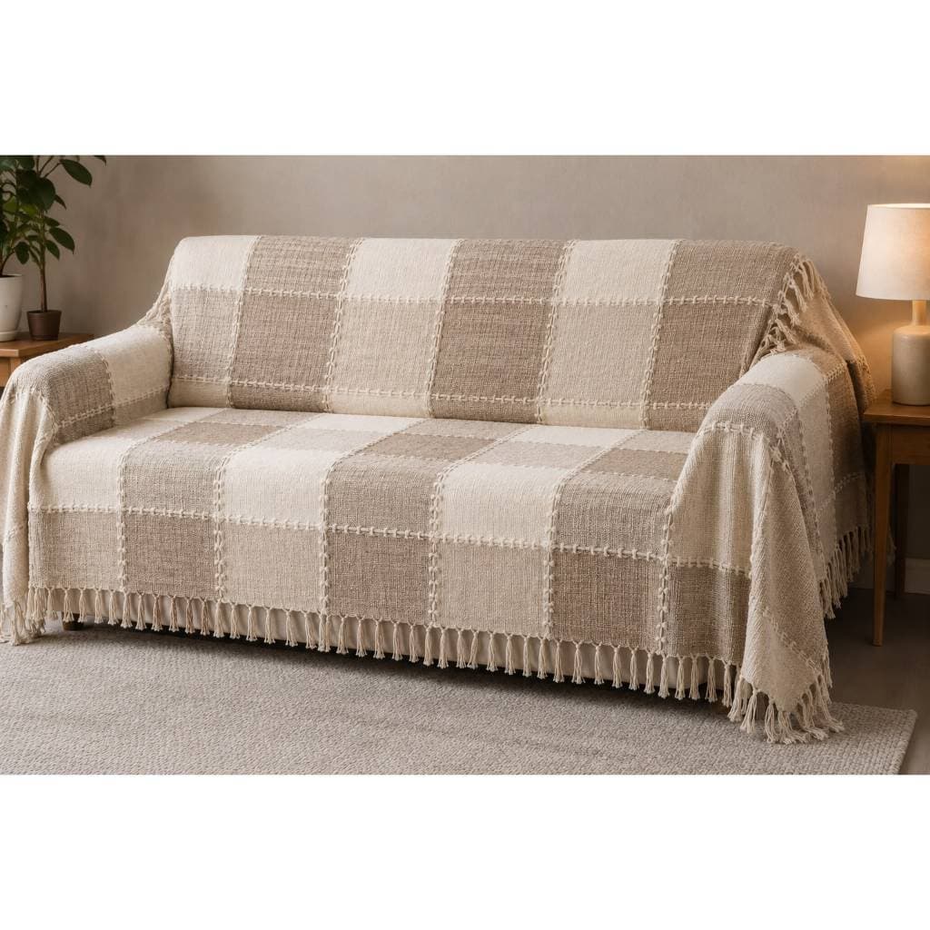 Manta  para Sofá Xale 3 Lugares 2,20mx2,60m Xadrez Bege Cru com Franjas Artesanal Decorativa Premium