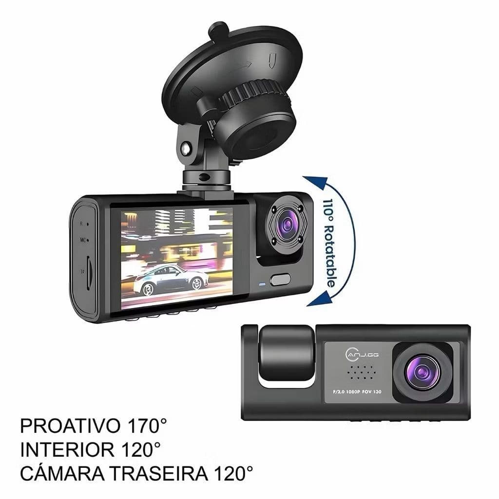 Câmera Veicular Full HD 1080p 3 Lentes (Frontal + Interna + Traseira) com Tela LCD | DVR Automotivo com Visão Noturna