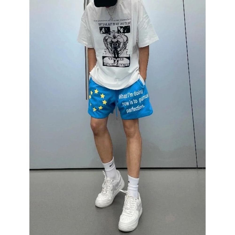 American Street Wear Malha Carta Impressão Calças Esportivas Homens Verão Solto Casual Na Altura Do Joelho Shorts de Bas