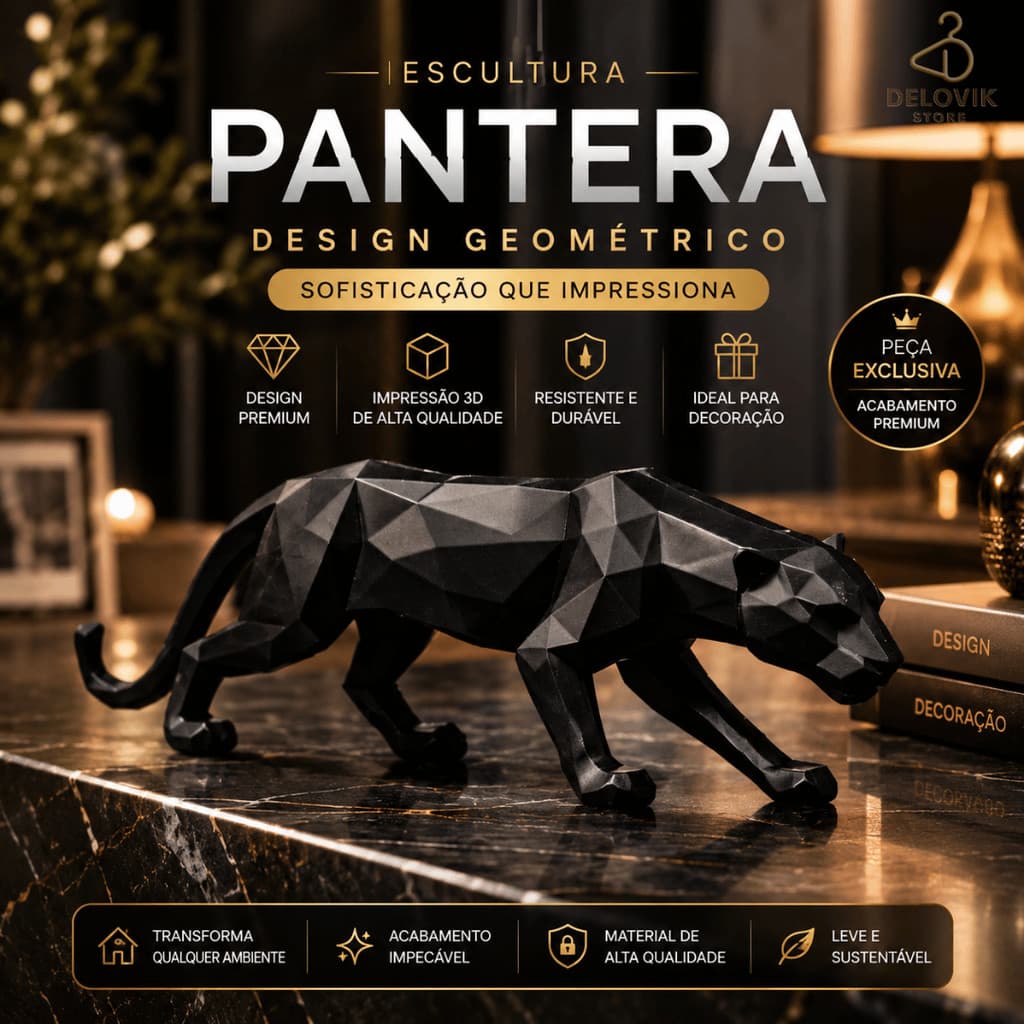 Escultura Decorativa Pantera Geométrica Estátua Moderna Sala Rack Aparador Escritório Luxo Premium