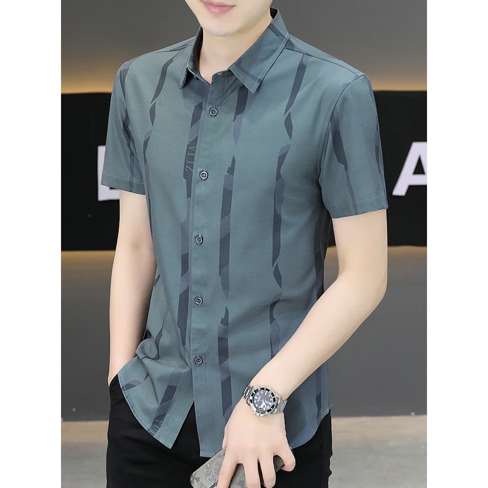 Camisa cinza de manga curta masculina de verão novo estilo estiramento gelo seda meia manga camisa trabalho profissional