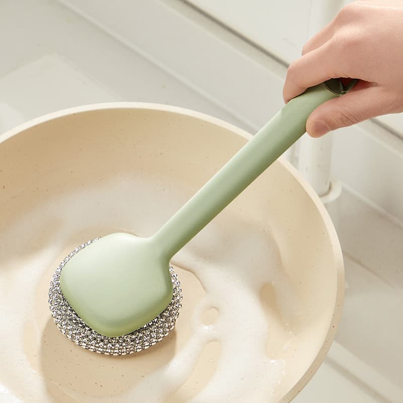 Escova de limpeza com esponja de aço para uso doméstico, escova de aço inoxidável com cabo longo, esponja de aço, escova