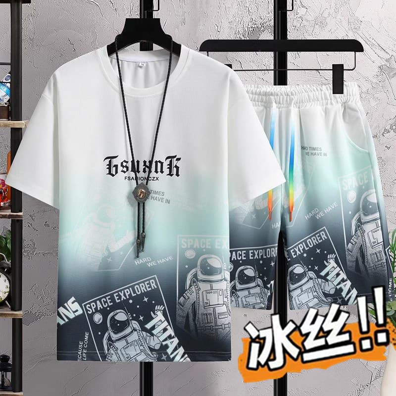 Juventude novo estilo Casual terno masculino verão gelo seda de manga curta terno esportivo Shorts tendência esportiva t