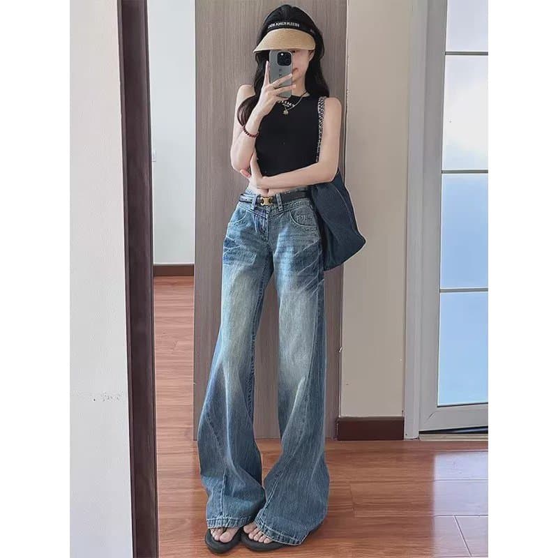 Americano Retro queimado Jeans feminino verão 2026 novo estilo cintura baixa solta em linha reta perna larga chão-esfreg