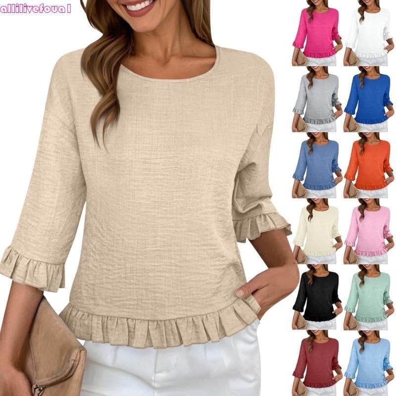 allilivefoua1 Blusas Femininas Babados 3 4 Casuais Linho E Ombros Roupas Outono