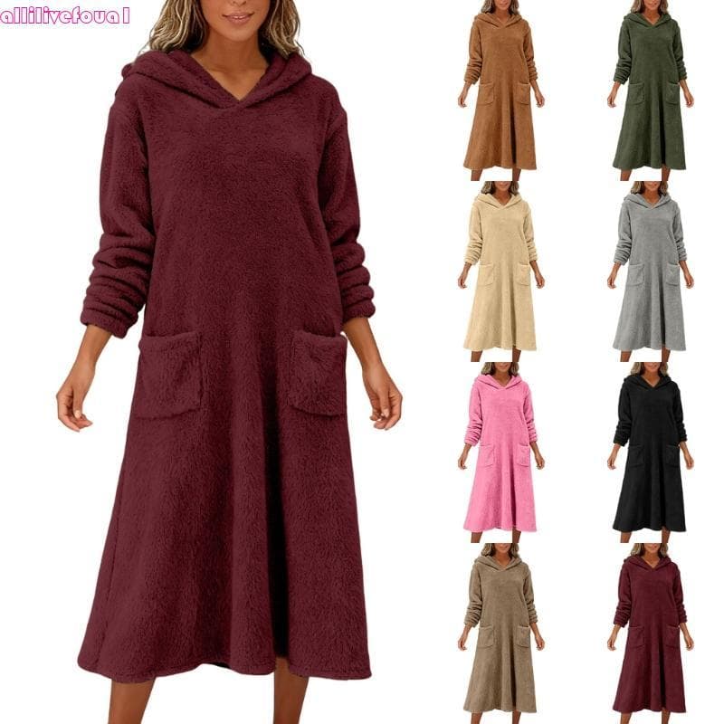allilivefoua1 Vestido Feminino Comprida Inverno Quente Fofo Macio Capuz Lã Comprimento Médio
