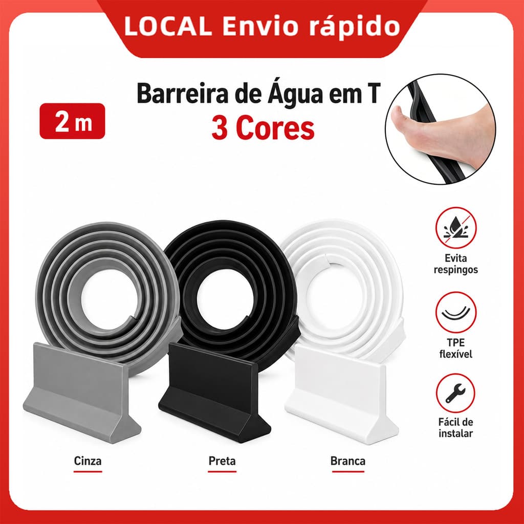 Fita TPE Flexível 2m, Barreira de Água Perfil T, Branco Preto Cinza para Vedação de Pia e Box