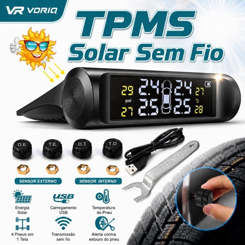 TPMS Sistema De Monitoramento De Pressão Dos Pneus Sem Fio Carro Solar Display LCD Instalação Fácil Sem Remover