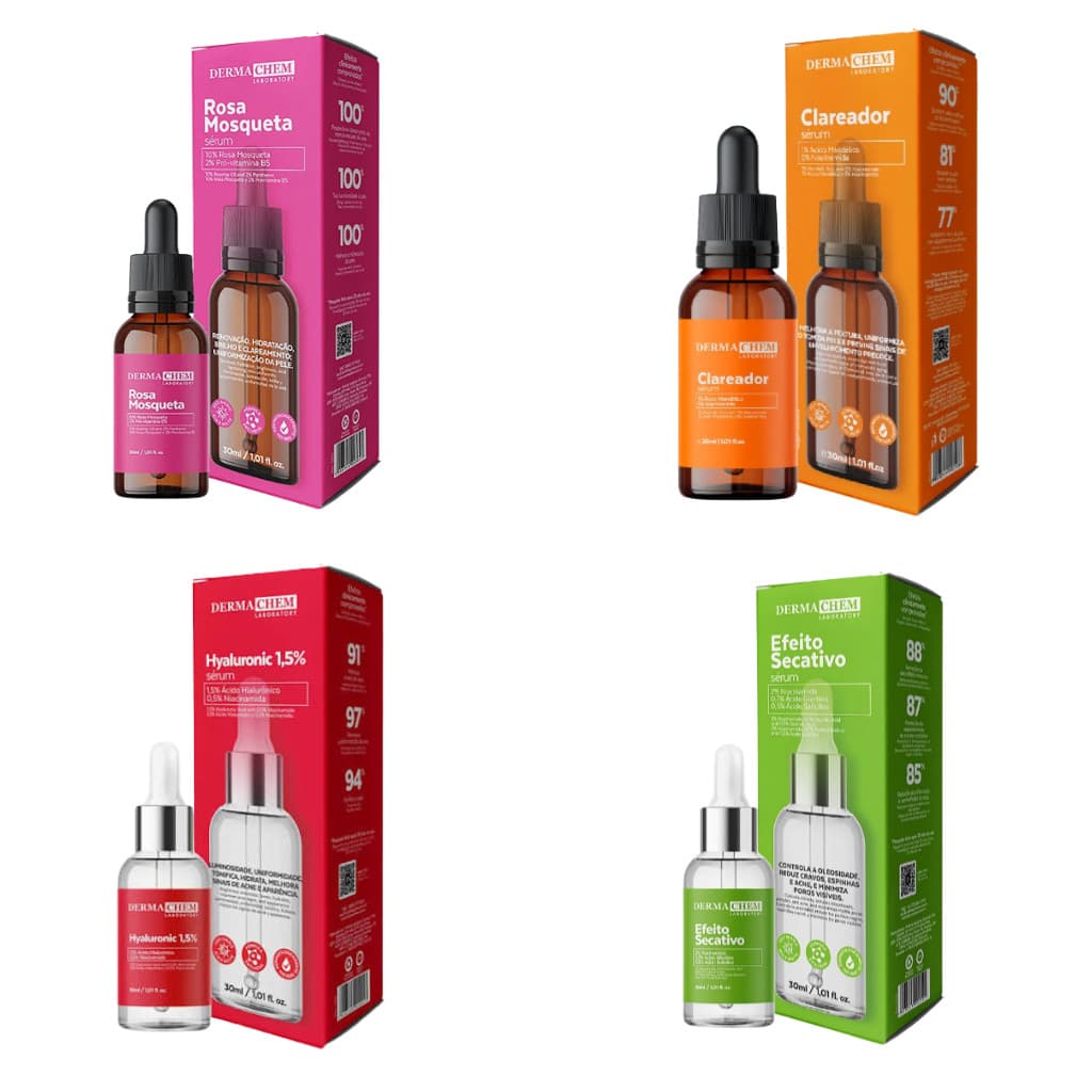 Sérum Facial Dermachem 30ml | Clareador, Rosa Mosqueta, Hyaluronic ou Secativo