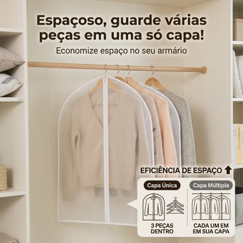 Kit5 Capas Protetoras Ternos Casacos Zíper Reforçado Tecido Respirável Não Cria Mofo em Roupas Guardadas