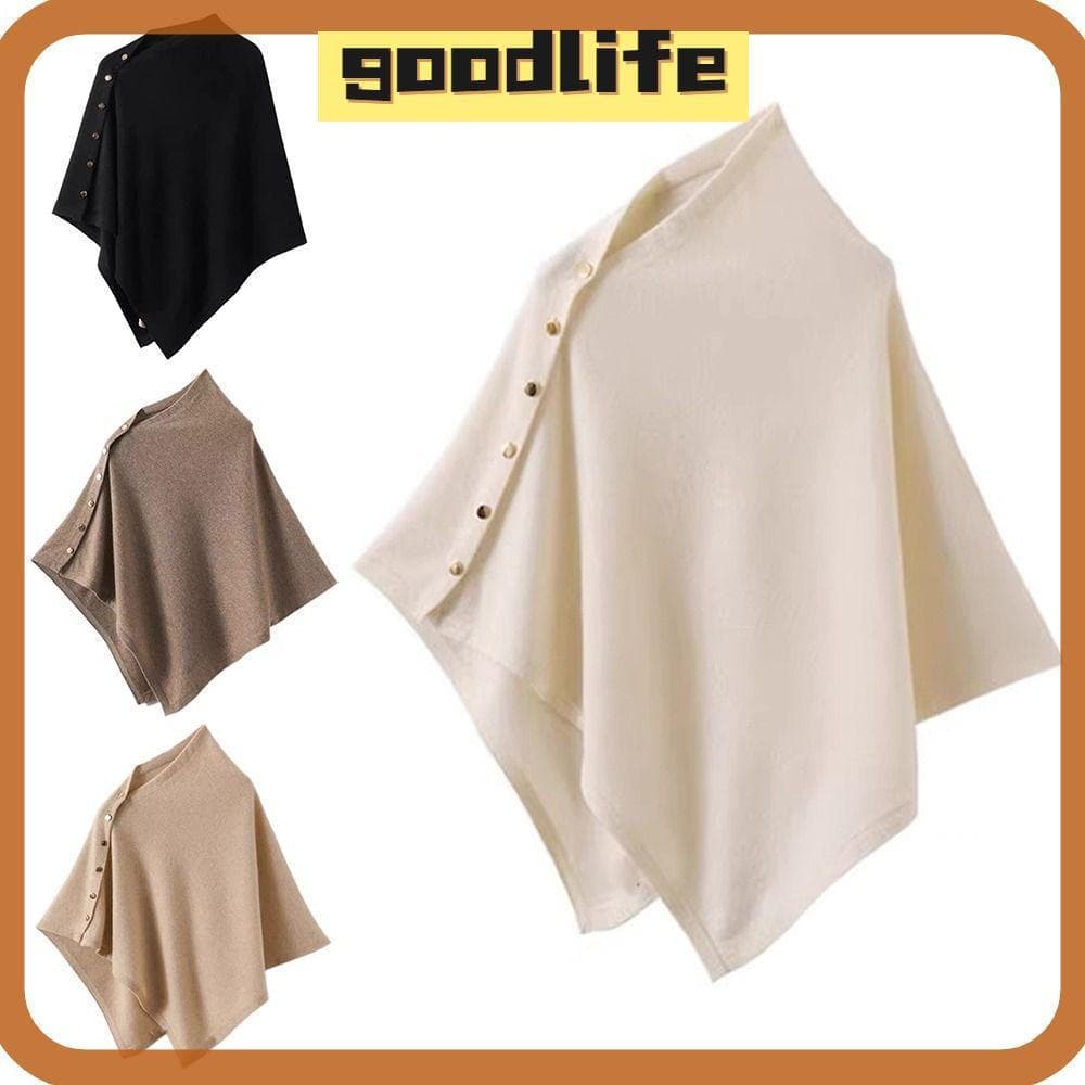 GOODLIVE Poncho Quente Grosso De Malha , Com Botão Xale Pashmina , Top De Ombro Casual Irregular