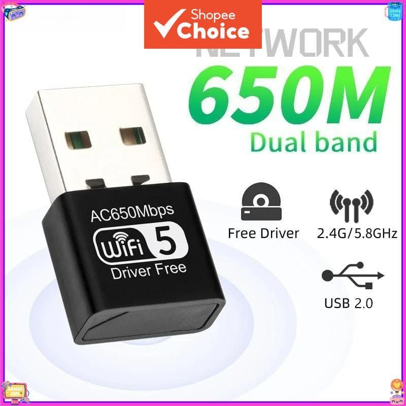 Dongle USB WiFi 5, Banda dupla 650 Mbps, 2,4/5,8 GHz, adaptador de rede sem necessidade de driver