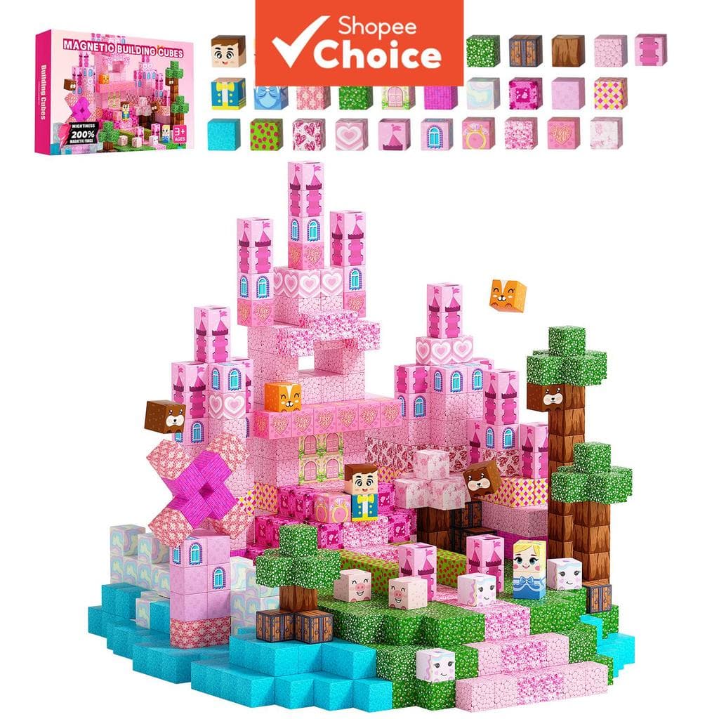 Cubos Magnéticos de Castelo Rosa para Crianças, Blocos Magnéticos Montessori STEM, Brinquedo de Construção Empilhável