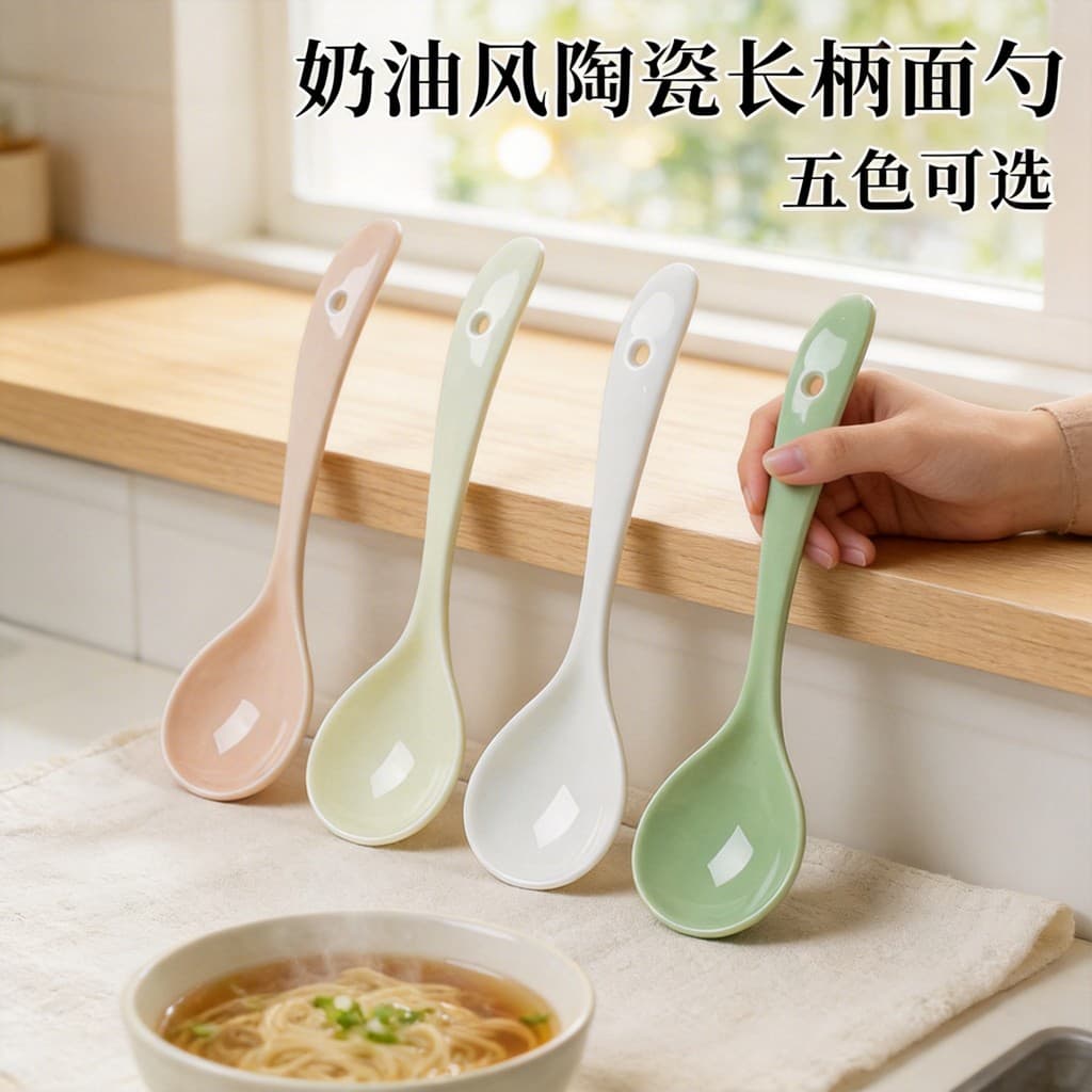 Colher de cerâmica cremosa de cor sólida, cabo longo, colher doméstica, talheres, Ramen japonês, cerâmica, colher grande