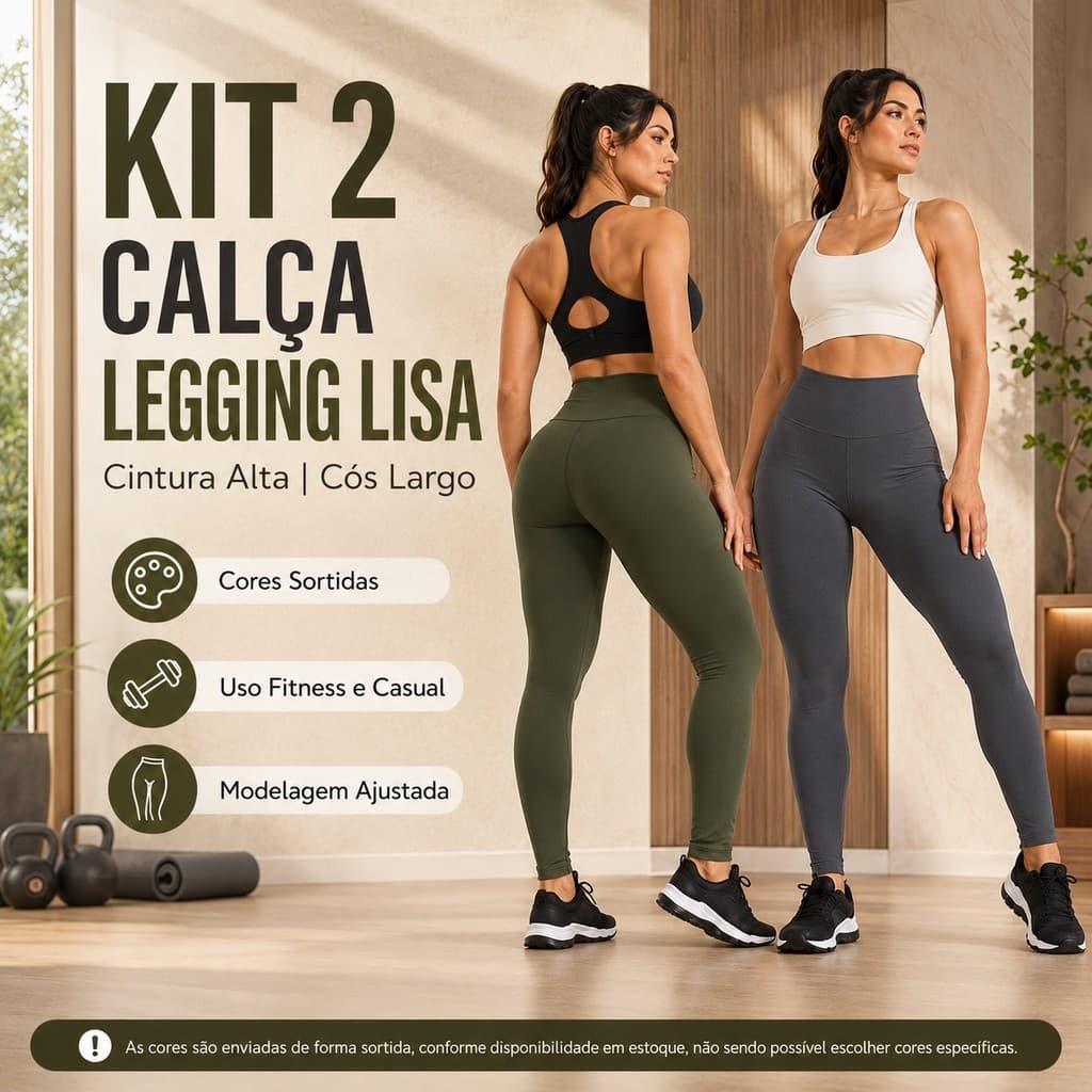 Kit 2 Leggings Femininas Cintura Alta Lisa Cós Largo para Academia Treino e Uso Diário Sortidas