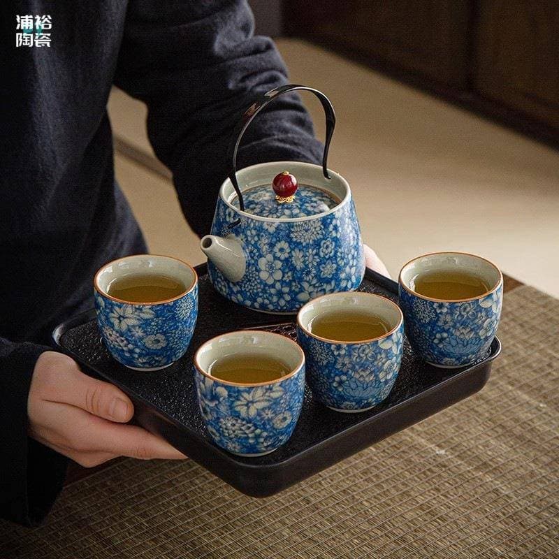 Ru forno conjunto de pote de feixe de elevação chinês High-End azul branco cerâmica Anti-escaldante bule doméstico Kung