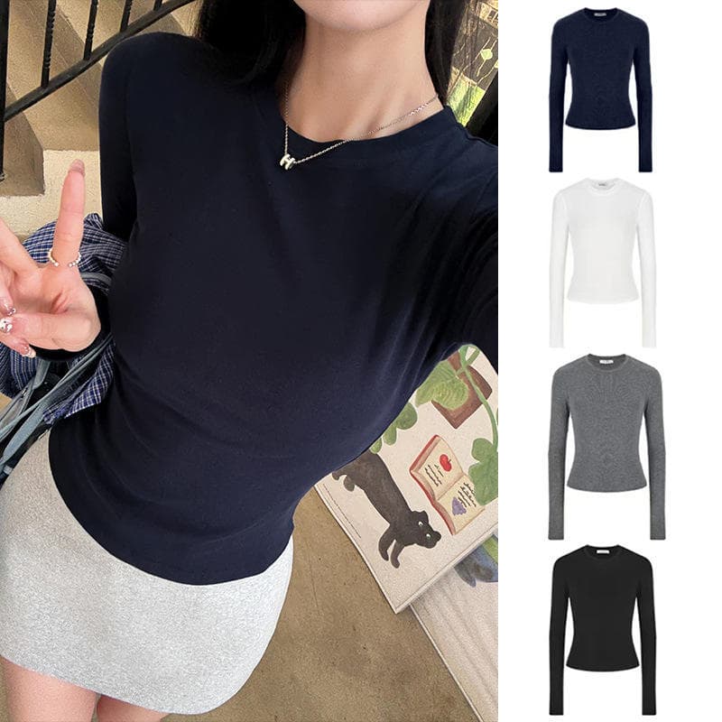 Outono quente menina crochê cintura ombro positivo manga comprida camiseta feminina magro-ajuste início do outono camisa
