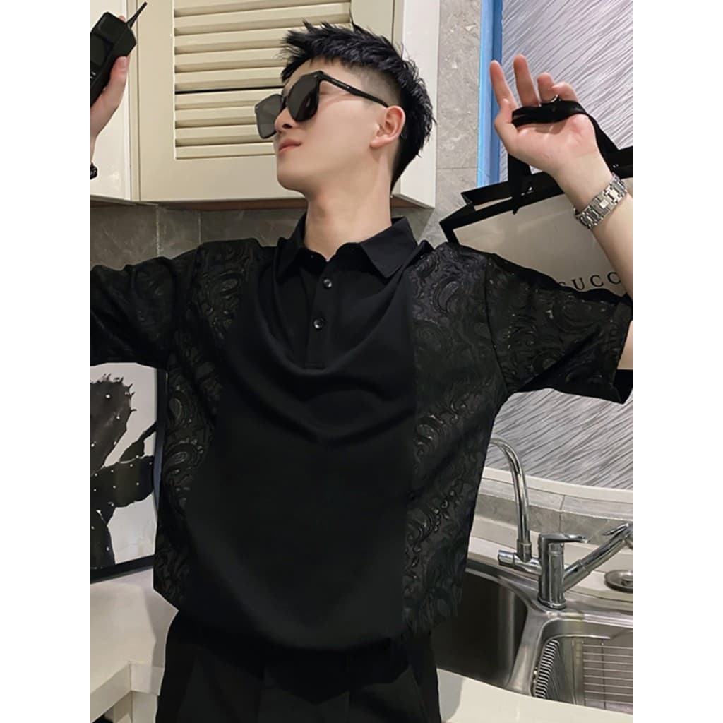 Moda bonito costura contraste cor lapela camisa POLO de manga curta masculina verão novo estilo solto Casual camiseta ma