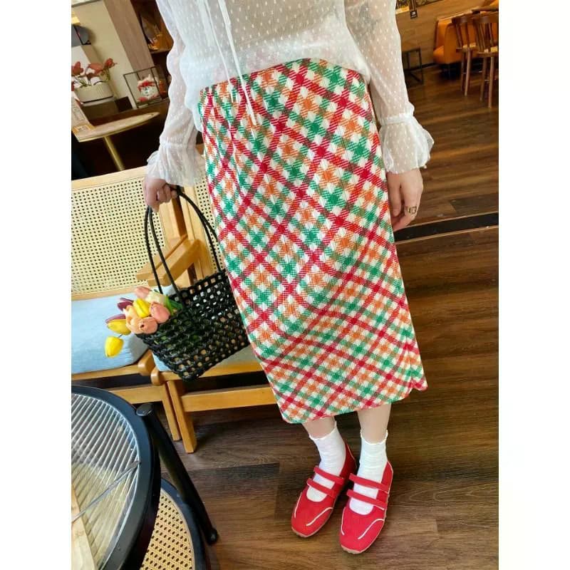 Coreano Novo Francês Retro Colorido Xadrez Saia Reta Plissado Feminino Verão Primavera Treliça