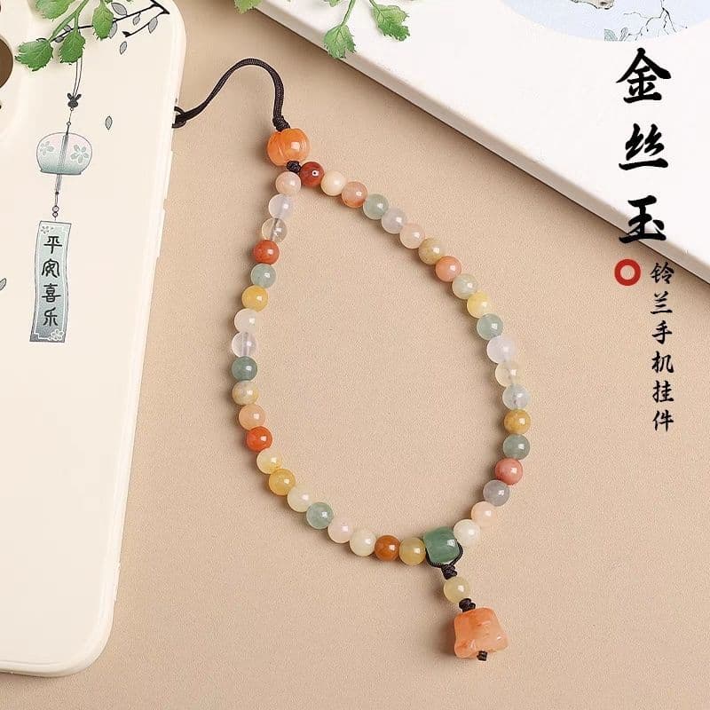 Corrente para Telefone em Seda Dourada e Jade Cor de Doce para Mulheres, Pingente Exquisito, Cordão para Capa de Telefon