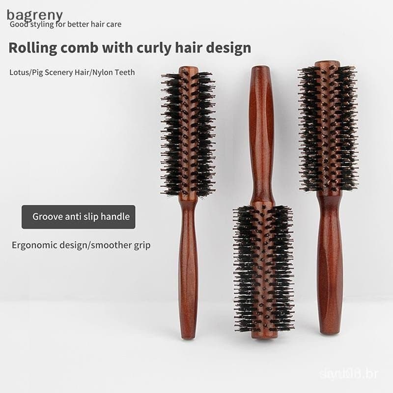 [bagreny] Escova Redonda de Cabelo com Cabo de Madeira, Pente de Cabelo de Cerdas de Javali, Ba GSGJ