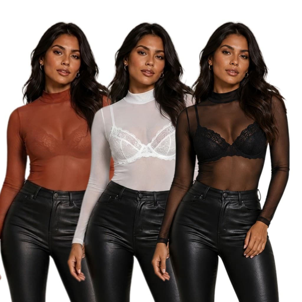 Kit 3 Blusas Tule Feminina Gola Alta Transparente Manga Longa Moda Casual Segunda Pele